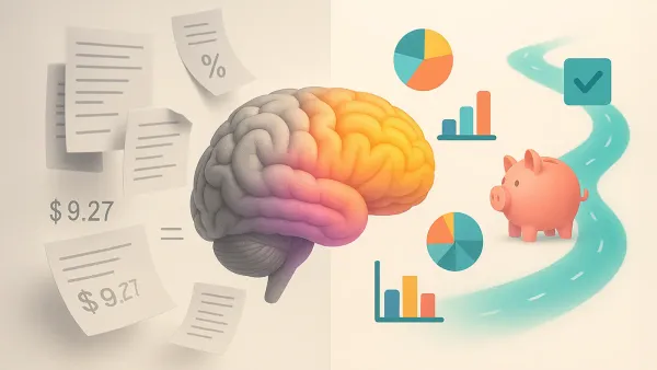 A brain in the center splits two styles: grayscale financial documents on the left and colorful charts, a piggy bank, and a teal budgeting roadmap on the right.