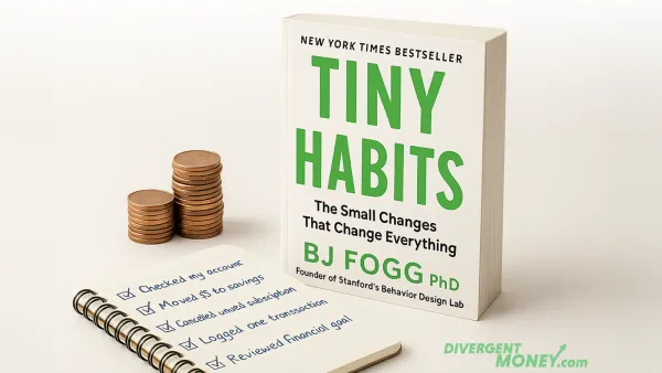 Tiny Habits: A Neurodivergent Take on BJ Fogg’s Behavior Blueprint with stacked coins and checked off items in a notebook.