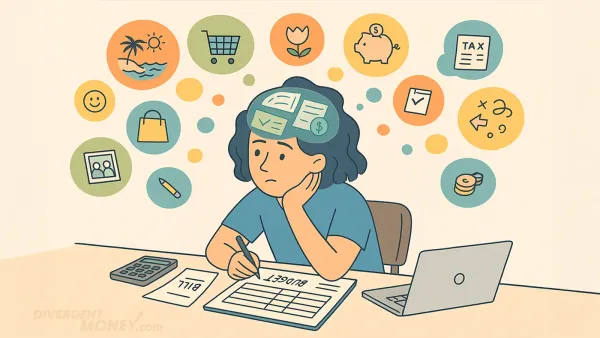 Illustration of a woman trying to work on budgeting while her mind wanders to other tasks.