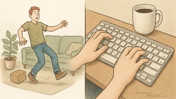 Split illustration showing a man stumbling over a box in a living room on the left, and close-up hands typing on a keyboard with a coffee mug on the right, highlighting proprioception.