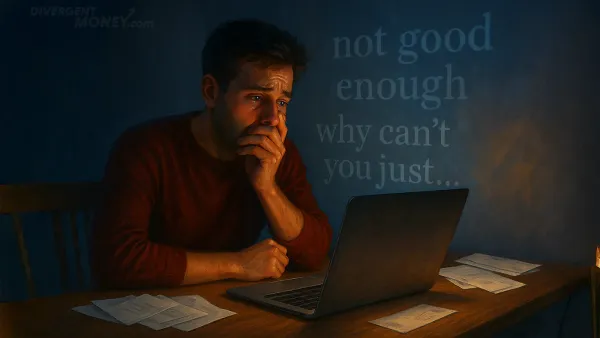 Painting of a man suffering from Rejection Sensitive Dysphoria reading through emails.