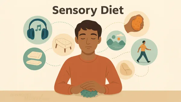 Illustration of a man focusing on calming thoughts while pressing down on a stim device.