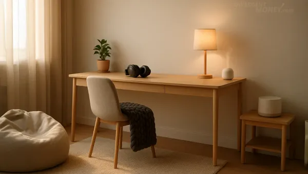 A photo of a sensory-friendly environment, simple, not cluttered, warm lighting.