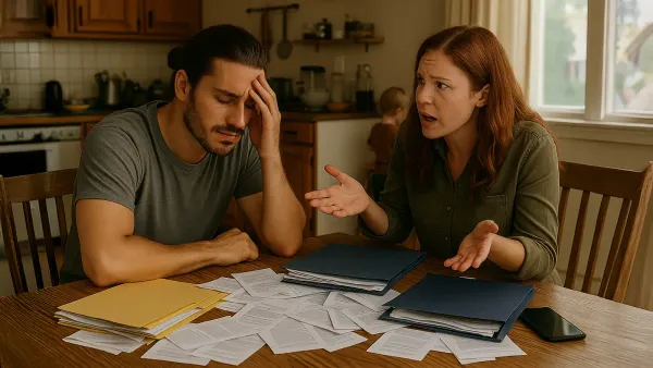 A COUPLE IN A MESSY KITCHEN, WITH A KID IN THE BACKGROUND, BILLS SCATTERED, ONE PARTNER HOLDING THEIR HEAD, THE OTHER SPEAKING. TENSION, OVERWHELM, LIFE HAPPENING.